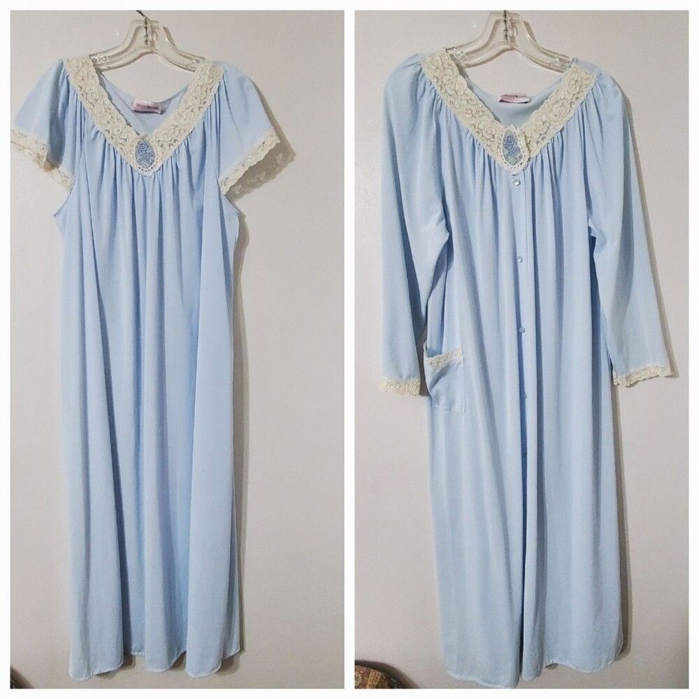 Vtg Shadowline Sheer Chiffon Lace Peignoir Set Robe & Nightgown Blue Sz Medium